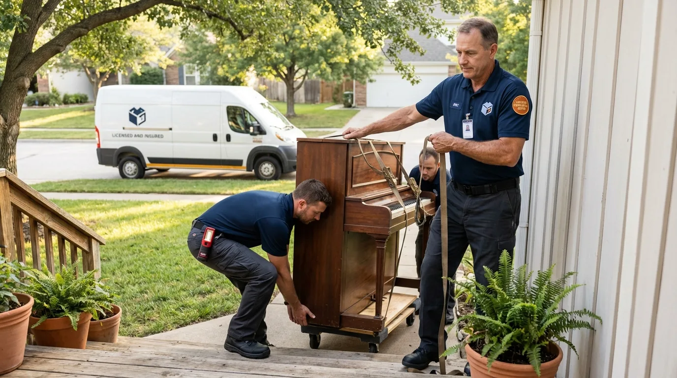 Licensed piano movers securing grand piano in Meyersdale, PA