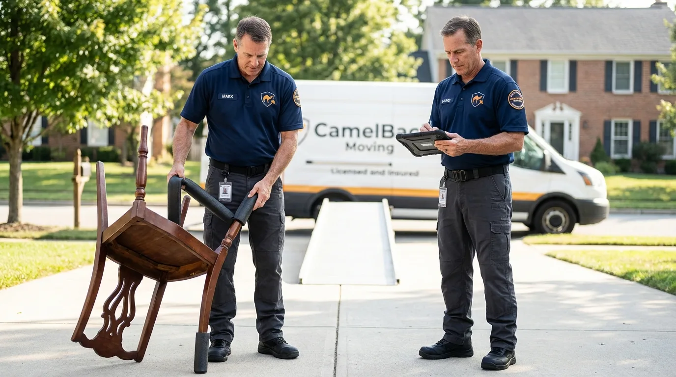 Movers inspecting furniture for damage prevention before loading in Meyersdale, PA