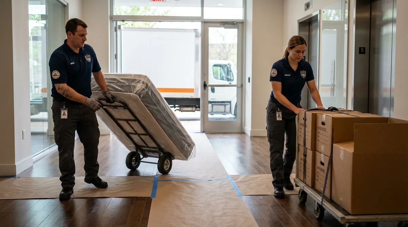 Professional apartment movers loading elevator in Meyersdale, PA