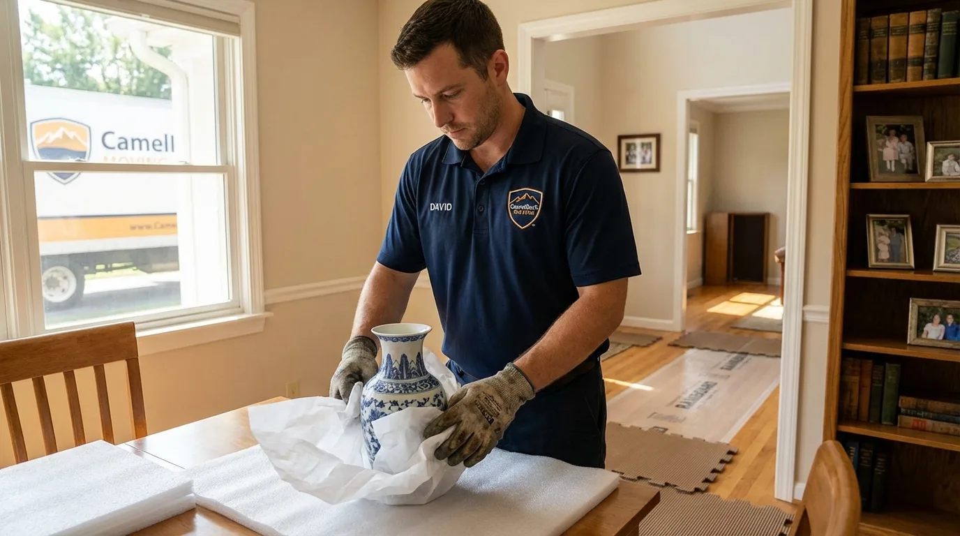 Professional crew carefully wrapping antique vase for senior downsizing move in Meyersdale, PA